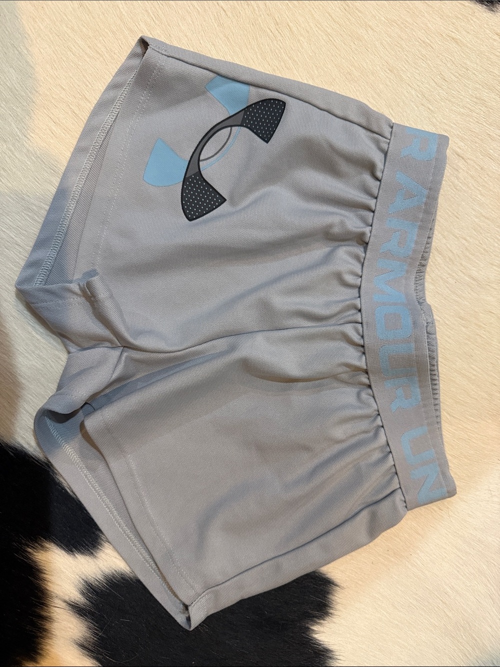 Under Armour Women's Light Gray Athletic Shorts with Blue Logo